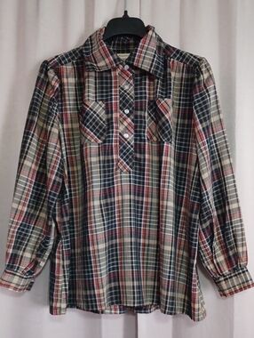 Vintage 70s County Seat Plaid Popover Shirt Dagger Collar Navy Red Large